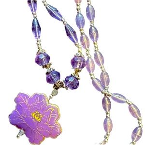 Vintage Cloisonné Flower Pendant Glass Beaded Necklace